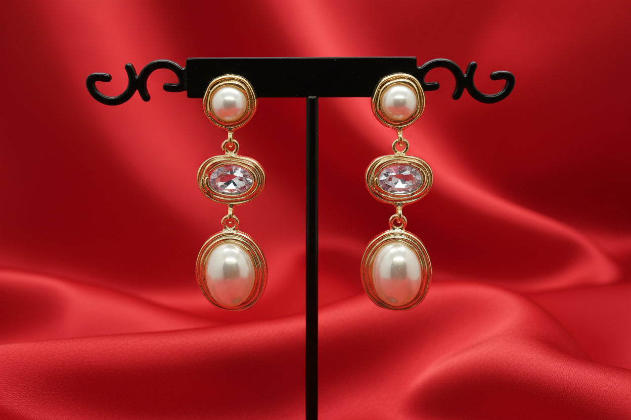 Triple-Drop Pearl and Crystal Dangle Earrings