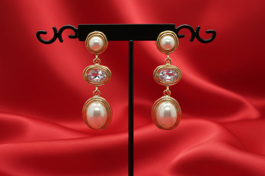 Triple-Drop Pearl and Crystal Dangle Earrings